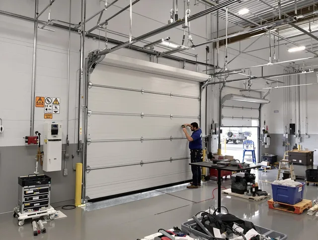 Commercial garage door repair being performed by Horizon West Garage Door Repair expert in Horizon West