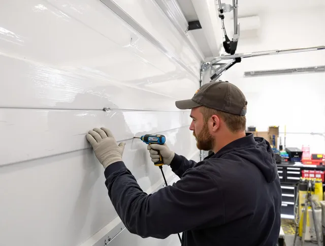 Horizon West Garage Door Repair technician demonstrating precision dent removal techniques on a Horizon West garage door